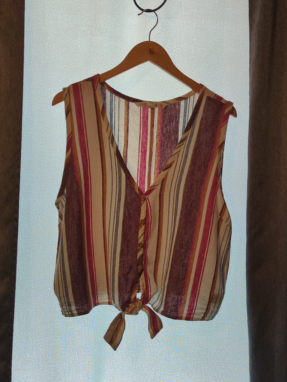 Vanilla Star Striped Tie-Front Sleeveless Top - Brown, Cream, Burgundy